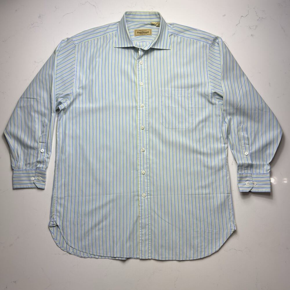 Vintage Paul Stuart Shirt Men Blue White Purple Button Up Stripe Size 16.5 / 33